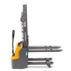 Lithium-ion stacker truck with initial lift for use on uneven floors and ramps, load capacity 1200 kg