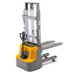 Lithium-ion stacker truck with initial lift for use on uneven floors and ramps, load capacity 1200 kg